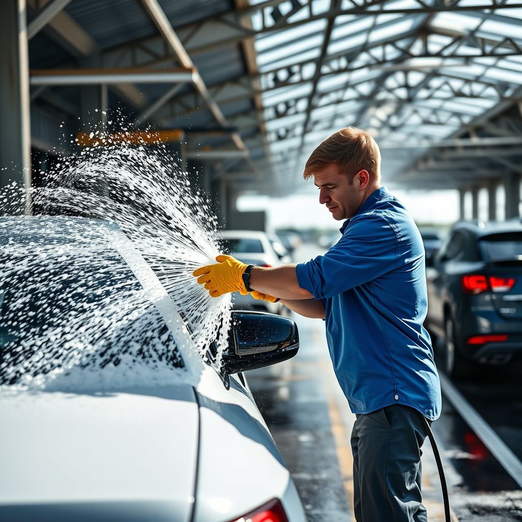 Un employé en chemise bleue et gants jaunes vifs pulvérise vigoureusement de l’eau sur une voiture noire élégante dans une station de lavage, créant une cascade de gouttelettes scintillantes sur la surface brillante. L’environnement est coloré par la lumière du soleil traversant la structure, illuminant la mousse savonneuse qui adhère au véhicule. Le contraste entre le noir profond de la voiture et le blanc mousseux souligne le processus de nettoyage, tandis que l’arrière-plan flou évoque d’autres véhicules en attente. L’atmosphère dégage un sentiment d’activité et de fraîcheur, capturant un moment de transformation où la voiture est rajeunie.