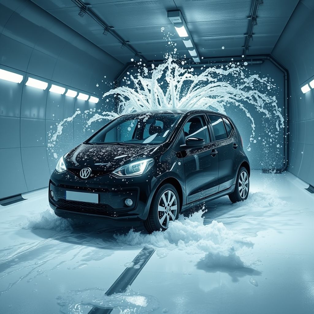 Une voiture noire élégante, partiellement obscurcie par des jets d’eau et de mousse, est lavée dans un tunnel de lavage automatique, entourée de brosses bleues vives en mouvement. Le véhicule est illuminé par une lumière ambiante qui fait scintiller les gouttes d’eau coulant sur sa surface. En arrière-plan, les contours flous de la machinerie soulignent la nature automatisée du lavage. La scène transmet une sensation de mouvement et de propreté, soulignée par le jeu dynamique de l’eau, de la mousse et de la lumière, créant une expérience visuelle captivante. L’ambiance générale est énergique et rafraîchissante, capturant le moment de transformation du véhicule au cours de son nettoyage.