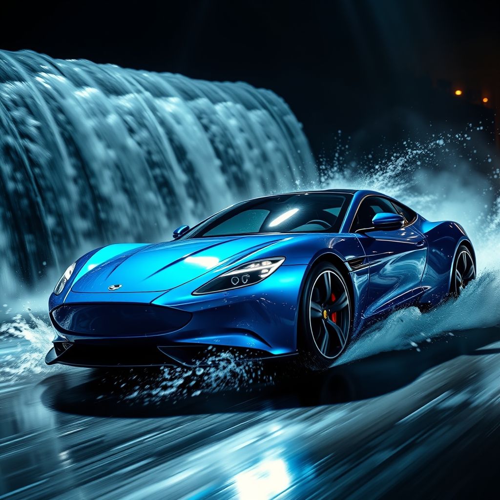 Une voiture de sport bleue élégante traverse une cascade d’eau, créant des éclaboussures spectaculaires qui scintillent sur un fond sombre et flou. La surface polie du véhicule reflète des teintes vibrantes et la lumière, mettant en valeur ses lignes aérodynamiques et sa finition brillante. Des faisceaux lumineux forts ponctuent la scène, accentuant le mouvement dynamique et la chute de l’eau sur la voiture. L’ambiance nocturne, combinée à cette action palpitante, évoque vitesse et excitation, captivant le spectateur avec une composition puissante et énergique. L’atmosphère générale reflète à la fois luxe et adrénaline, invitant à admirer l’ingénierie et l’esthétique du véhicule dans ce moment cinématographique vibrant.