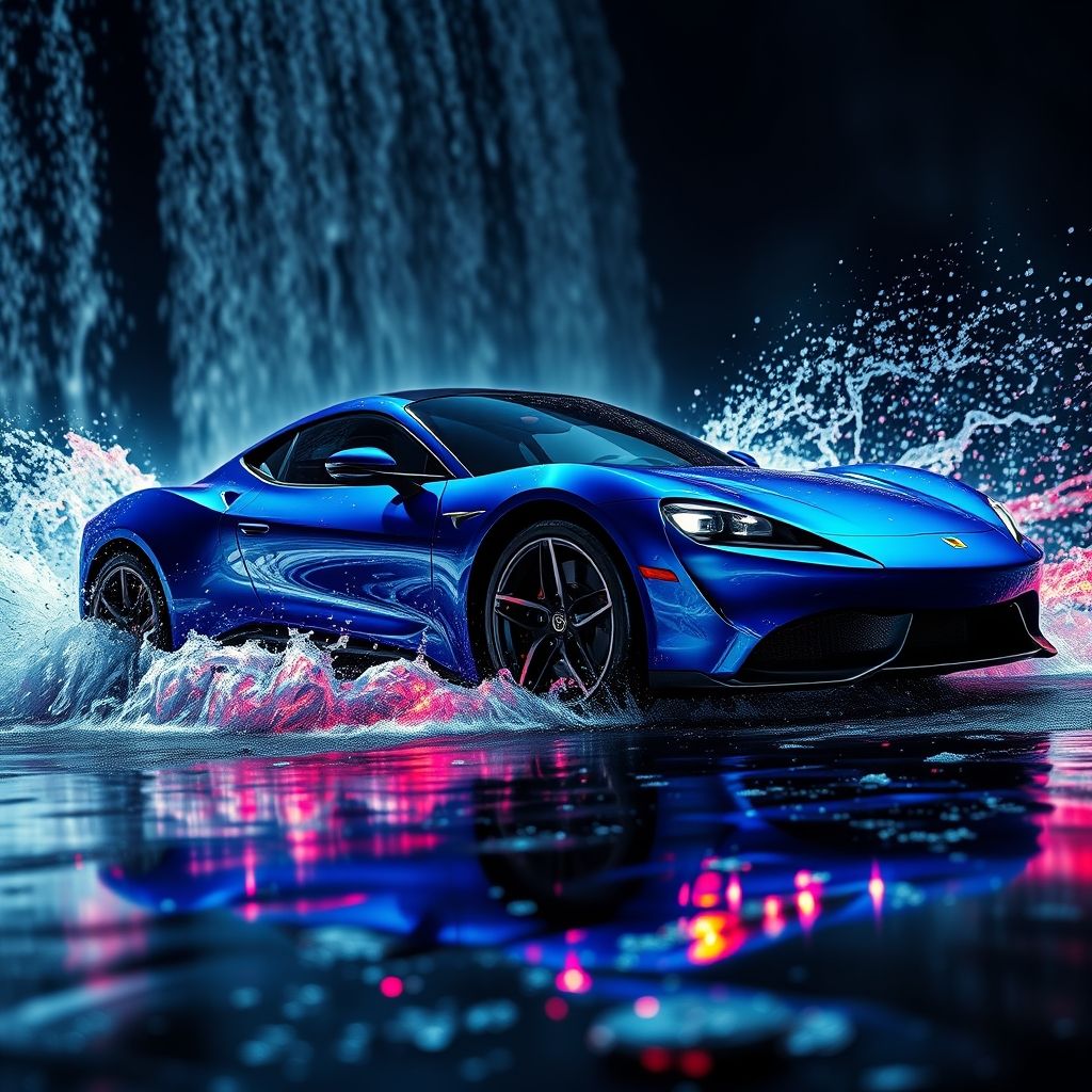 Une voiture de sport bleue élégante traverse une cascade d’eau, créant des éclaboussures spectaculaires qui scintillent sur un fond sombre et flou. La surface polie du véhicule reflète des teintes vibrantes et la lumière, mettant en valeur ses lignes aérodynamiques et sa finition brillante. Des faisceaux lumineux forts ponctuent la scène, accentuant le mouvement dynamique et la chute de l’eau sur la voiture. L’ambiance nocturne, combinée à cette action palpitante, évoque vitesse et excitation, captivant le spectateur avec une composition puissante et énergique. L’atmosphère générale reflète à la fois luxe et adrénaline, invitant à admirer l’ingénierie et l’esthétique du véhicule dans ce moment cinématographique vibrant.