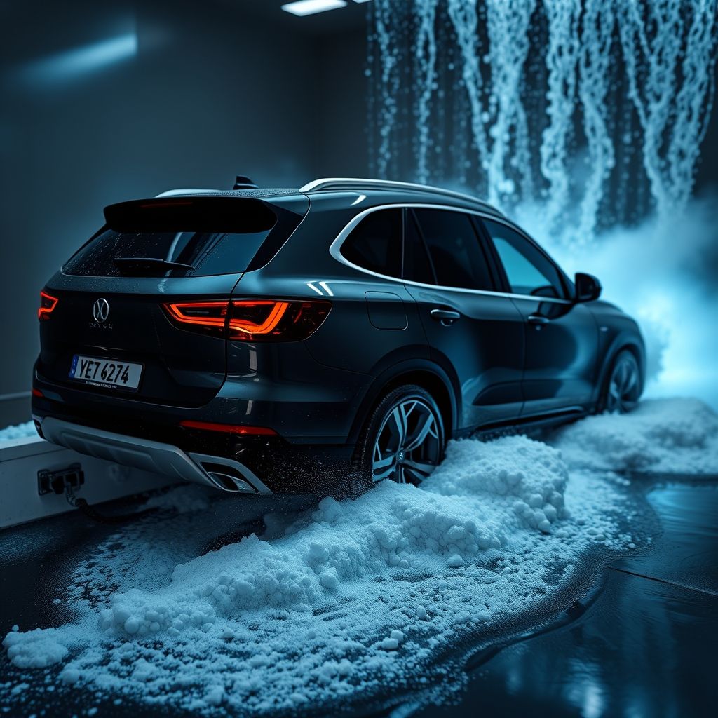 Un SUV sombre et élégant est capturé dans un moment dramatique alors qu’il est immergé dans un cycle de lavage automatique. Des brosses bleues vibrantes tournent autour du véhicule, tandis que des jets d’eau savonneuse descendent sur sa partie arrière, créant un voile de bulles et d’humidité qui scintillent sous la lumière ambiante. La scène dégage un sentiment de mouvement et d’énergie, accentué par l’eau tourbillonnante et l’éclairage vif qui met en valeur l’aspect lisse du véhicule. La composition illustre le contraste entre la robustesse du SUV et la douceur de l’action de lavage, évoquant une impression de fraîcheur et de renouvellement. Cette image vivante symbolise à la fois la routine et la beauté mécanique de l’expérience de lavage auto.
