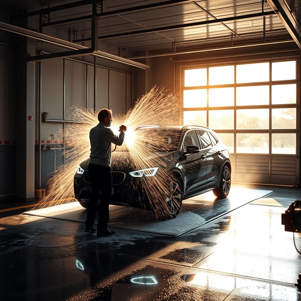 Une personne au premier plan nettoie activement une voiture noire dans une station de lavage automatique, utilisant un jet haute pression qui déverse un flot d’eau savonneuse sur la surface du véhicule. La voiture, partiellement obscure par la mousse et l’eau, arbore des jantes chromées brillantes contrastant avec sa carrosserie sombre et lisse. Derrière le véhicule, de grandes fenêtres laissent entrer une lumière naturelle abondante, créant une atmosphère lumineuse avec des reflets de la voiture et des ombres douces sur le carrelage. L’ambiance générale est dynamique et fraîche, soulignant le processus de renouvellement et de propreté, avec des gouttes scintillant à la lumière parmi la mousse.