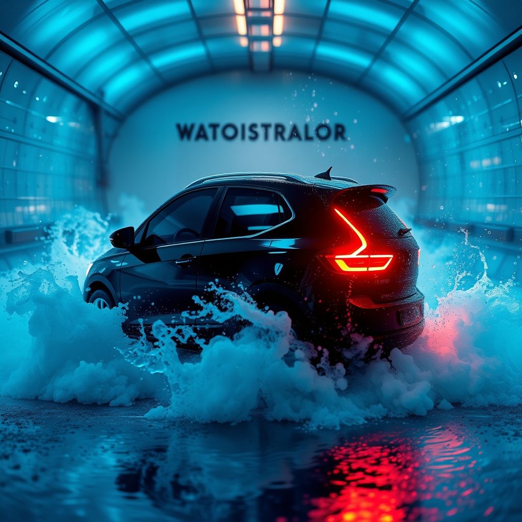 Une voiture noire élégante, partiellement obscurcie par des jets d’eau et de mousse, est lavée dans un tunnel de lavage automatique, entourée de brosses bleues vives en mouvement. Le véhicule est illuminé par une lumière ambiante qui fait scintiller les gouttes d’eau coulant sur sa surface. En arrière-plan, les contours flous de la machinerie soulignent la nature automatisée du lavage. La scène transmet une sensation de mouvement et de propreté, soulignée par le jeu dynamique de l’eau, de la mousse et de la lumière, créant une expérience visuelle captivante. L’ambiance générale est énergique et rafraîchissante, capturant le moment de transformation du véhicule au cours de son nettoyage.