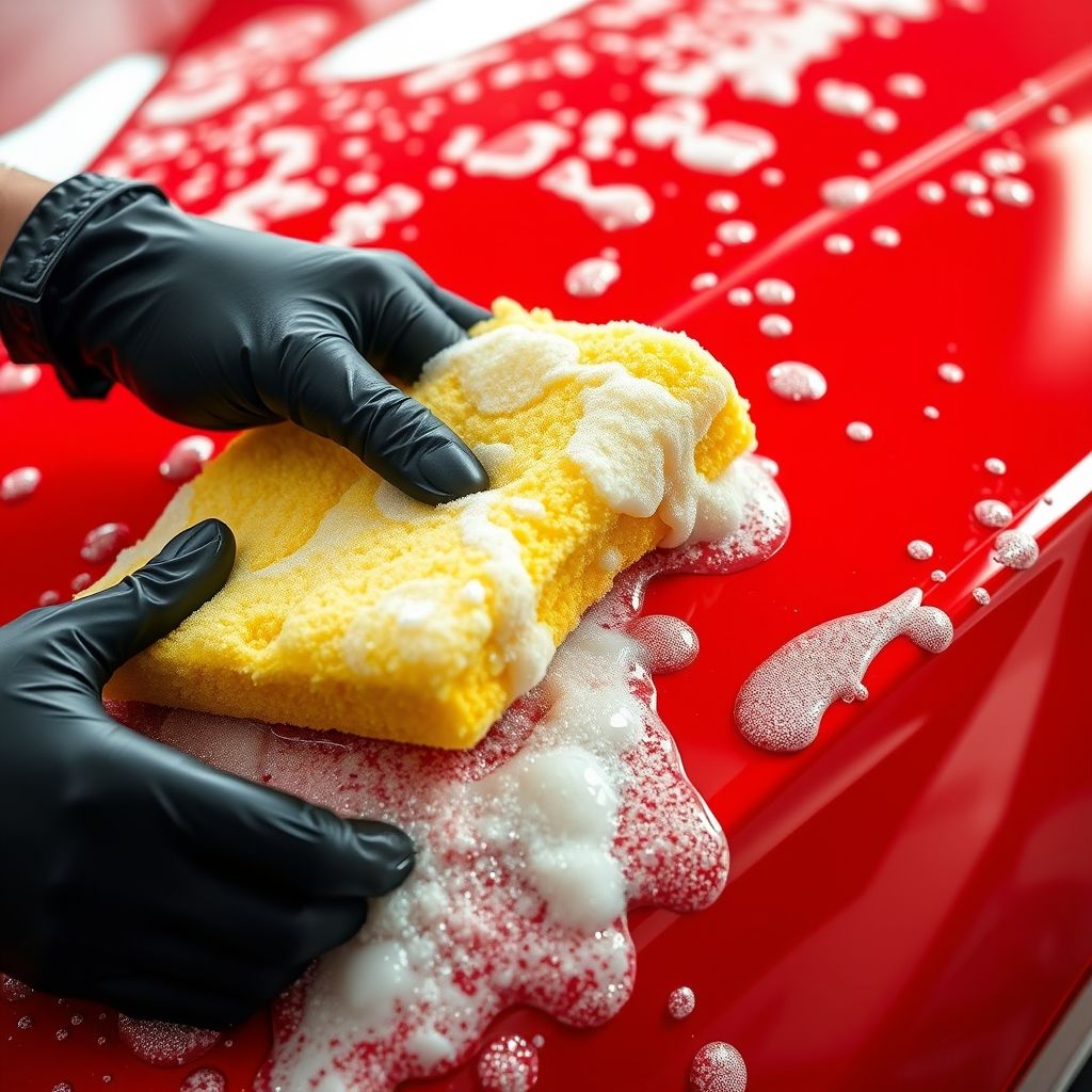 Une main gantée de noir frotte délicatement la surface d’une voiture rouge vive avec une éponge jaune, créant une cascade de mousse savonneuse qui adhère à la peinture brillante. La scène est bien éclairée, suggérant un espace de lavage intérieur ou de detailing, où les reflets des lumières vives scintillent sur la carrosserie polie. Des bulles de savon glissent le long de la carrosserie élégante, évoquant un nettoyage minutieux. La composition met l’accent sur l’action du lavage, soulignant l’interaction entre l’éponge et la surface de la voiture, tout en dégageant une atmosphère invitante et rafraîchissante. Ce moment capture la satisfaction de maintenir l’éclat d’un véhicule, alliant travail soigné et fierté.