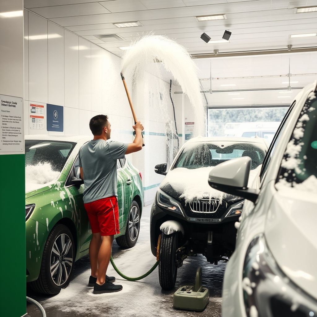 Sous un ciel lumineux, un homme lave activement deux voitures dans une station de lavage libre-service, leurs surfaces couvertes d’une épaisse mousse. L’homme, vêtu d’une chemise à carreaux et d’un short rouge, tient fièrement une lance de pulvérisation dirigée vers l’une des voitures, tandis que l’autre véhicule—un modèle élégant—est déjà savonné et brillant. La zone de lavage est bien organisée, avec des instructions affichées sur le mur, et une palette de couleurs verte et blanche confère une atmosphère propre et dynamique. Le sol est mouillé et mousseux, reflétant l’ambiance à la fois ludique et professionnelle de ce moment, sous une lumière chaude du soleil.